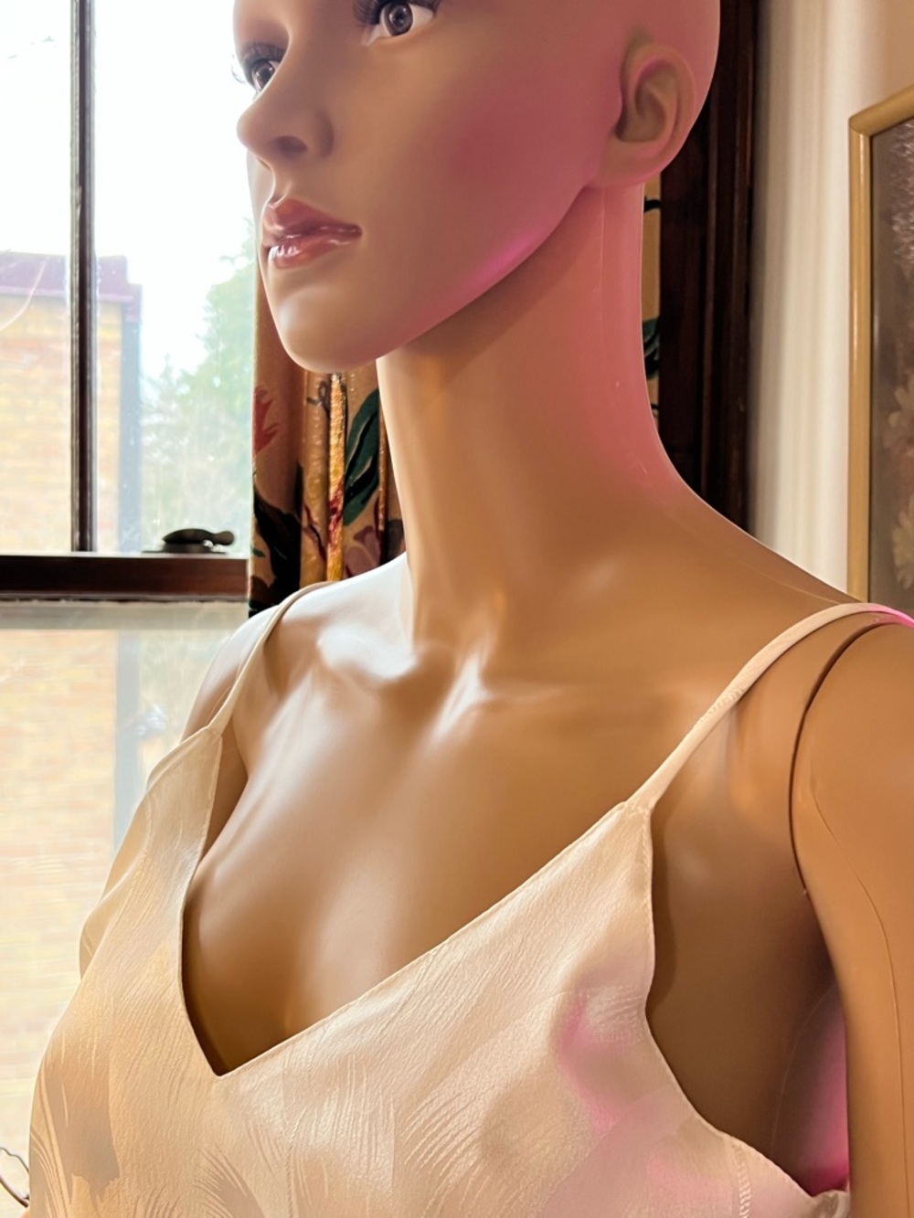 70s Disco Styling Creamy White Satin/Matte V-Neck Jumpsuit with Spaghetti Straps - Picture 12 of 14